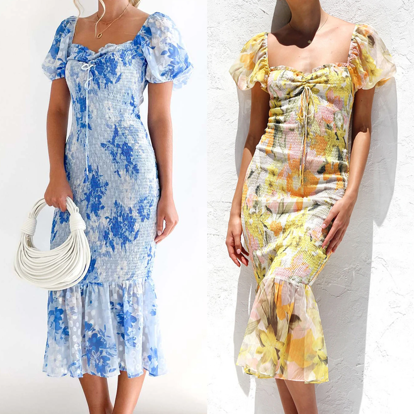 Women Mermaid Cocktail Dress Short Puff Sleeve Floral Print Midi Bodycon Dress Square Neck Ruffle Hem Elegant Club Party Dress
Women Mermaid Cocktail Dress Short Puff Sleeve Floral Print Midi Bodycon Dress Square Neck Ruffle Hem Elegant Club Party Dress