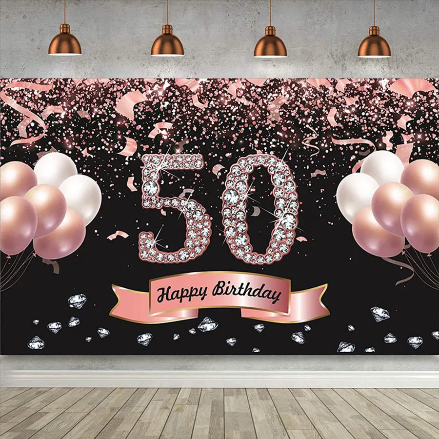Happy 50th Birthday Backdrop Party Banner 50 Years Old Booth Pink Rose Gold Glitter Sequin Balloon Diamond Background for Women
Happy 50th Birthday Backdrop Party Banner 50 Years Old Booth Pink Rose Gold Glitter Sequin Balloon Diamond Background for Women