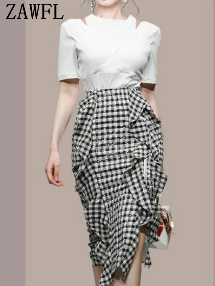ZAWFL Women Summer 2 Pieces Set Off Shoulder Knitted Top Ruffles Sheath Plaid Skirt Office Work Lady Skirts Suits 2022 New
ZAWFL Women Summer 2 Pieces Set Off Shoulder Knitted Top Ruffles Sheath Plaid Skirt Office Work Lady Skirts Suits 2022 New