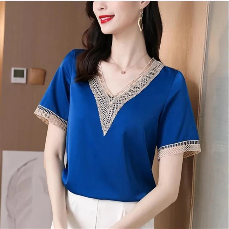 Women Hollow Lace Patchwork Elegant Blouse Summer Fashion V Neck Short Sleeve Office Lady Business Casual Shirt Chic Ladies Tops
Women Hollow Lace Patchwork Elegant Blouse Summer Fashion V Neck Short Sleeve Office Lady Business Casual Shirt Chic Ladies Tops