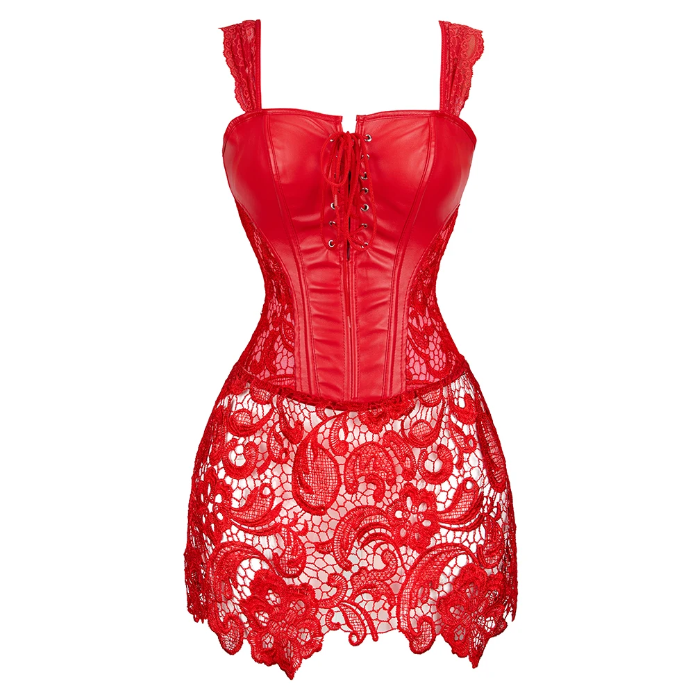 

Корсет-платье в стиле стимпанк из искусственной кожи со шнуровкой спереди, молнией сзади, обхватом груди, корсет, готический черный, красный топ-бюстье