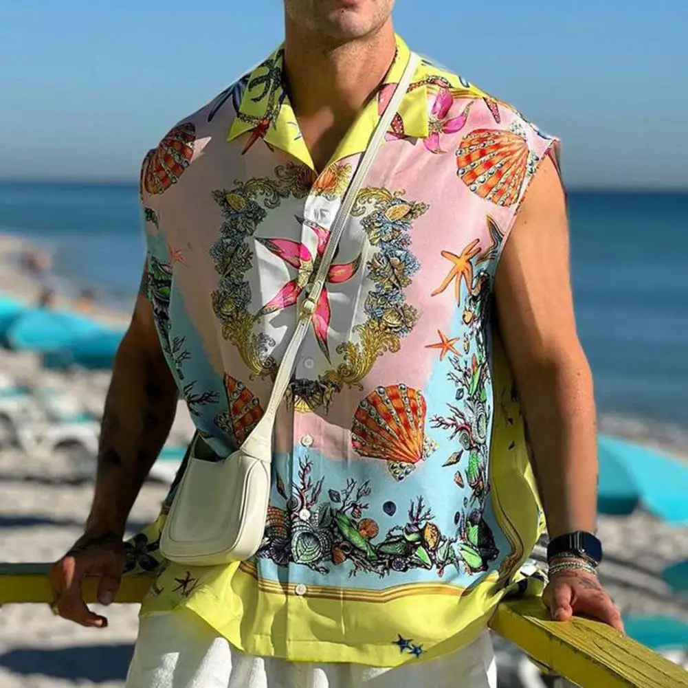 Мужская рубашка, кардиган с цветным принтом, однобортный пляжный топ без рукавов с лацканами, праздничная одежда 
Мужская рубашка, кардиган с цветным принтом, однобортный пляжный топ без рукавов с лацканами, праздничная одежда