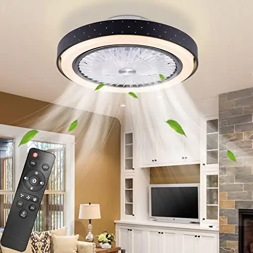 

Fan with Lights Low Profile Flush Mount Ceiling Fans with Remote Control 3 Wind Speeds Dimmable 3 Colors Iron 19Inch 8 Bladeles