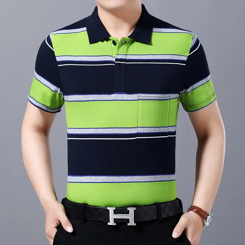 

Summer New Cotton Men's Clothing Short Sleeve Striped Printed Lapel Spliced Pocket Middle Aged and Elderly Casual Polo Shirt