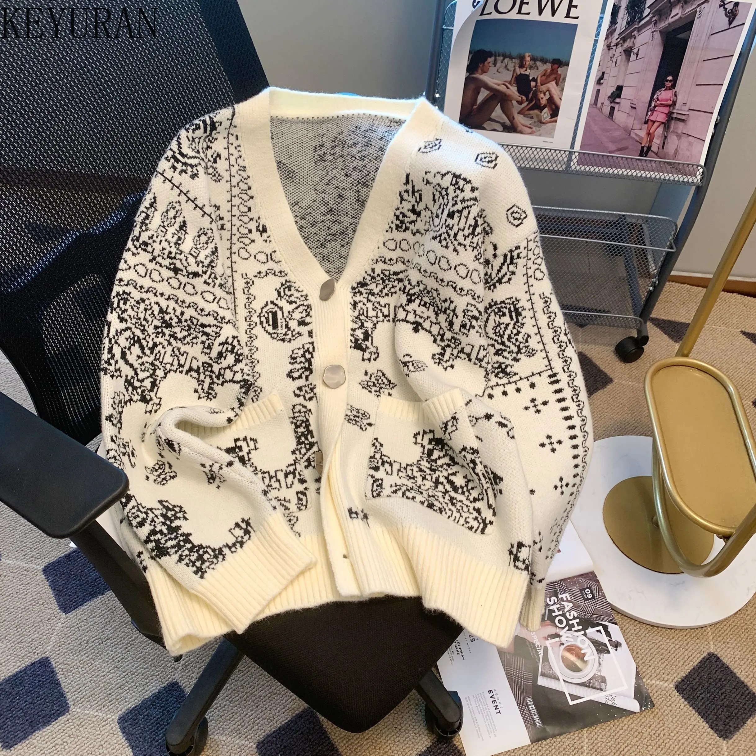 

Женский мохеровый жаккардовый вязаный кардиган, винтажный Модный однобортный свободный Свитер оверсайз с V-образным вырезом и длинным рукавом