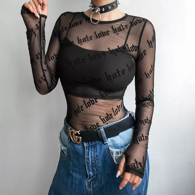 Sexy Women Mesh T-Shirts See-Through Perspective Tshirt Letter Printed O Neck Transparent Long Sleeve T Shirt Tops Women
Sexy Women Mesh T-Shirts See-Through Perspective Tshirt Letter Printed O Neck Transparent Long Sleeve T Shirt Tops Women