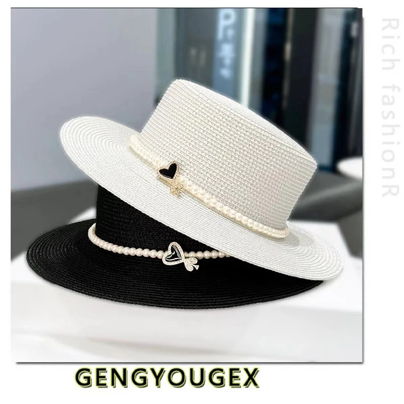 Women's Hats French Elegant Retro Pearl Love Flat Top Straw Hat Summer Foldable Fedora Hats Wide Brim Beach Panama Cap 
Women's Hats French Elegant Retro Pearl Love Flat Top Straw Hat Summer Foldable Fedora Hats Wide Brim Beach Panama Cap