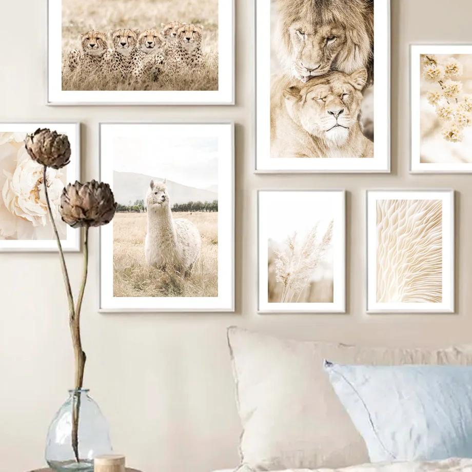 

Beige Reed Dried Grass Peony Leopard Lion Wall Art Canvas Painting Nordic Posters And Prints Wall Pictures For Living Room Decor