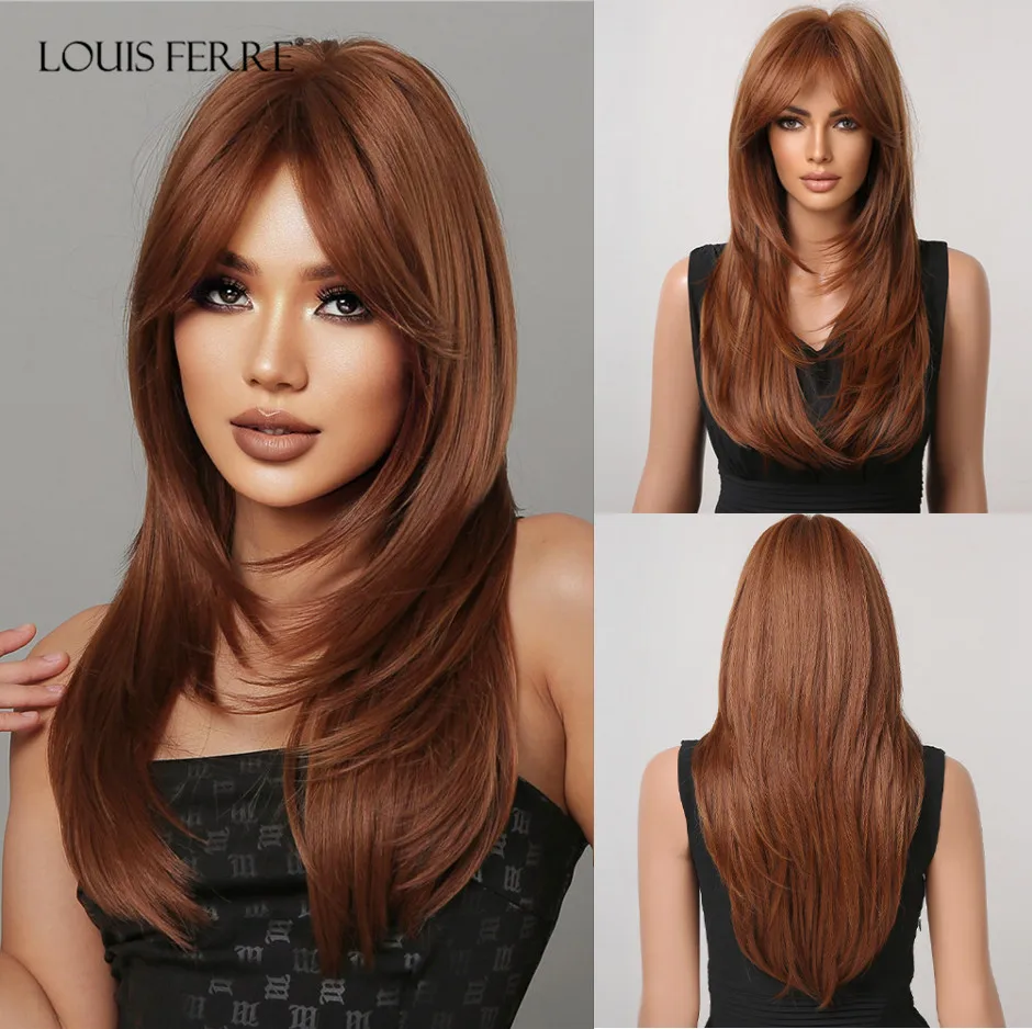 

LOUIS FERRE Long Ginger Brown Layered Synthetic Wigs With Bangs Auburn Straight Wig for Women Natural Cooper Daily Cosplay Hair