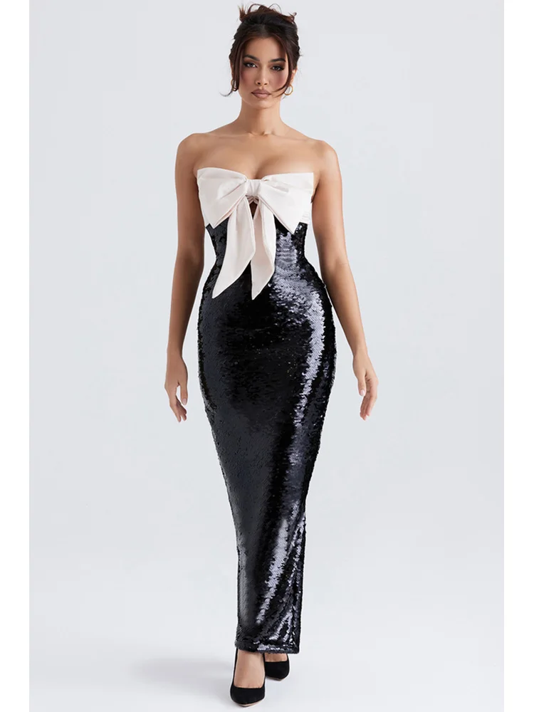 Sexy Strapless Bow Sequins Bodycon Long Dress Elegant Black Off the Shoulder Backless Bowknot Dress Celebrity Club Party Dress
Sexy Strapless Bow Sequins Bodycon Long Dress Elegant Black Off the Shoulder Backless Bowknot Dress Celebrity Club Party Dress