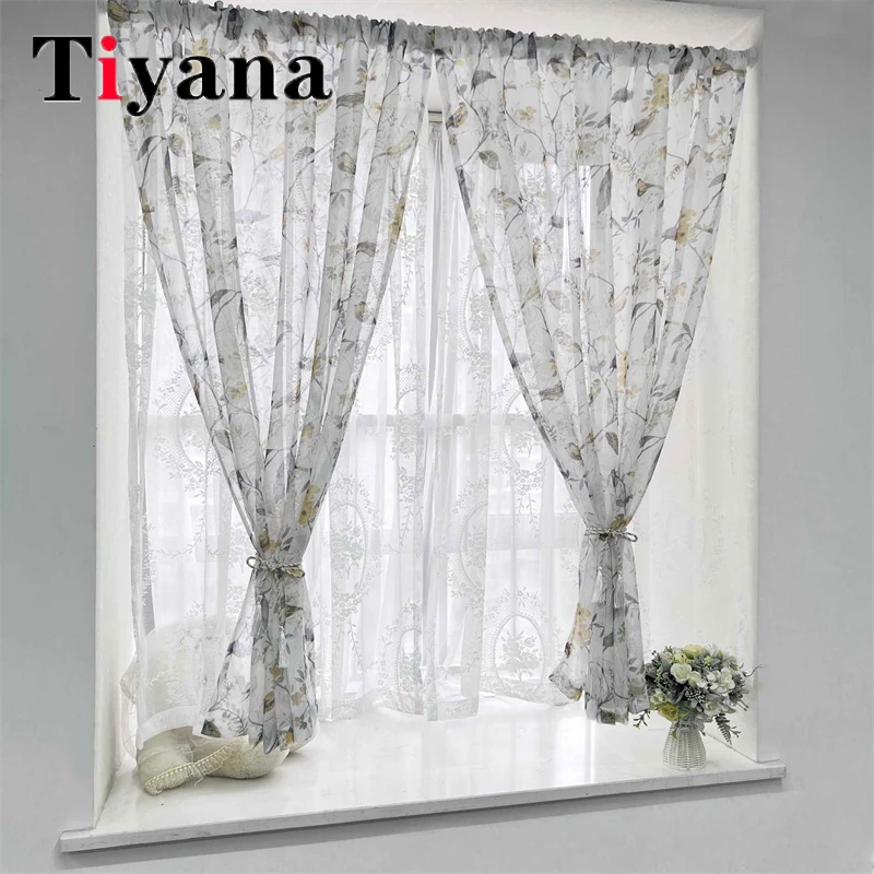 

American Pastroal Lace Bird Print Half Sheer Tulle Curtains For Living Room Window Screen Bedroom Cortinas Voile Fabric Drapes