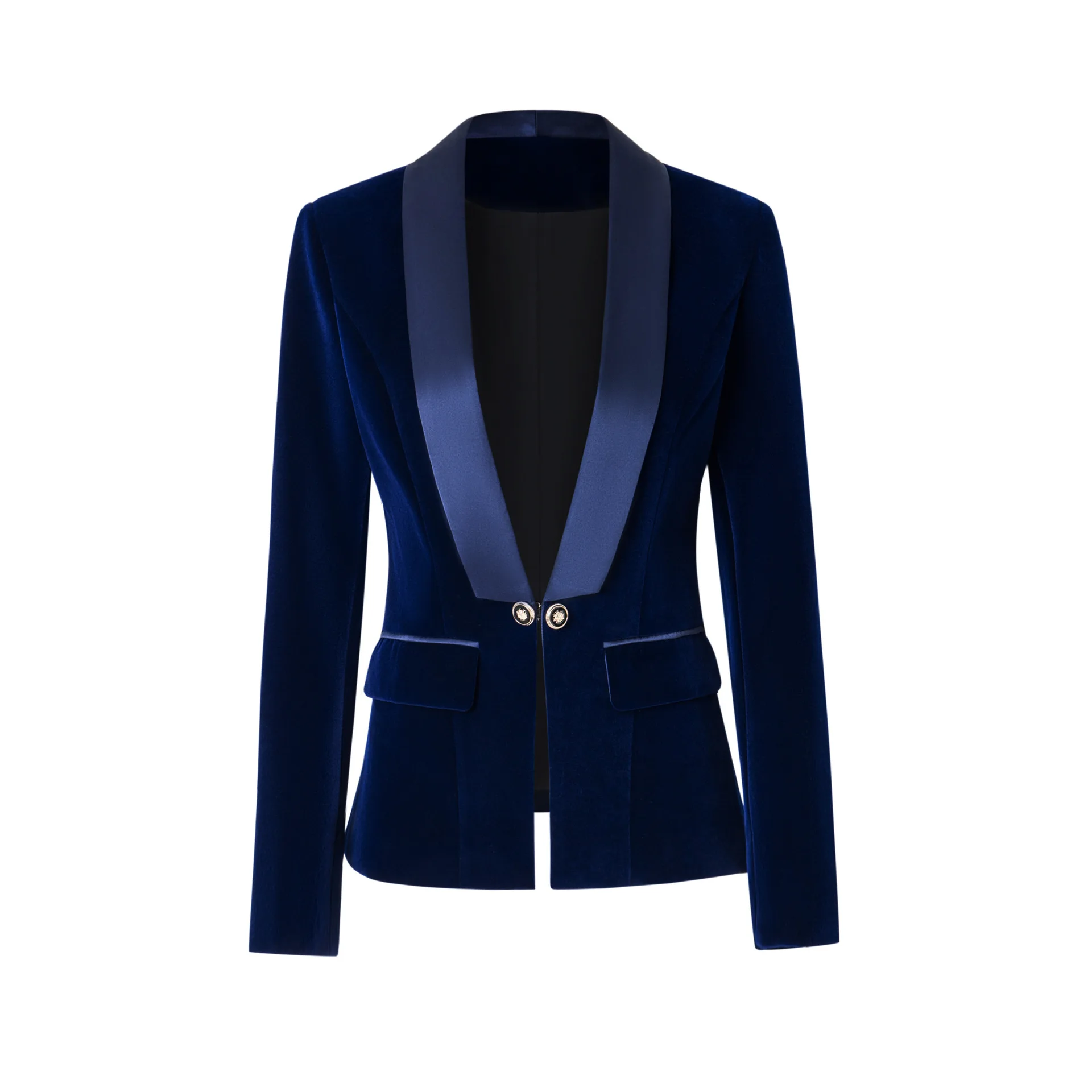 

Black&Blue Color Velvet Fabric Women Blazers Retro Basic Slim Casual One Buuton Lady Jackets Full Sleeves Blazer
