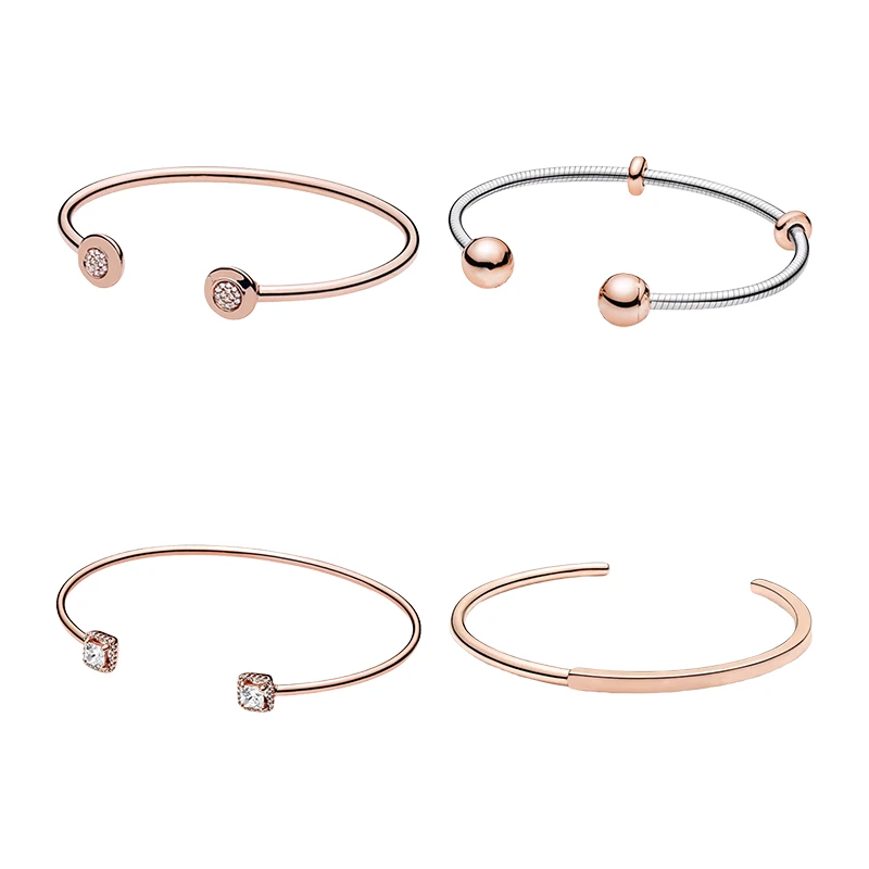 

925 Sterling Silver Rose Gold Rigid Wrist Charm Cuff Bracelets Bangles For Women Fine Jewelry Zircon Stones Logo Clasp End Caps