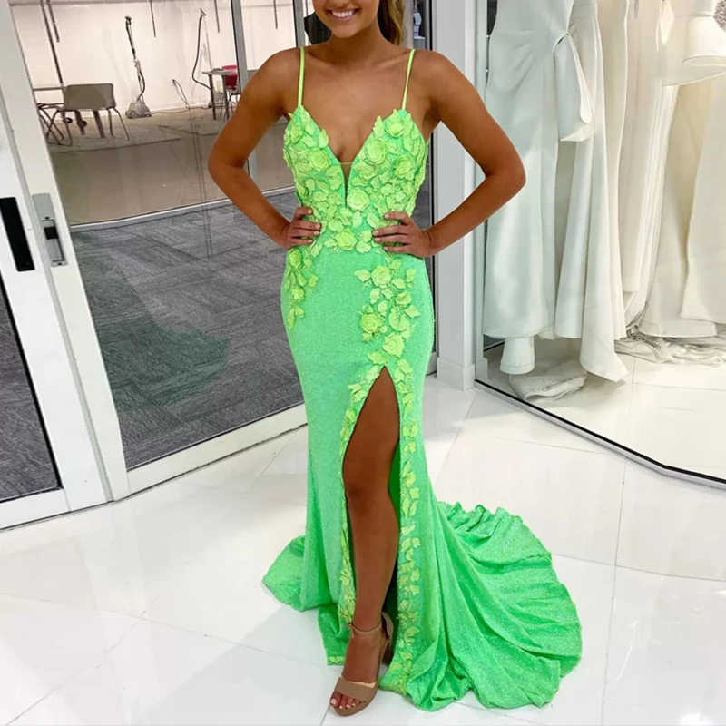 2022 Sexy Mermaid Prom Dress Deep V-Neck Spaghetti Strap High Split With Lace Appliques Evening Dress Robe De Soirée
2022 Sexy Mermaid Prom Dress Deep V-Neck Spaghetti Strap High Split With Lace Appliques Evening Dress Robe De Soirée