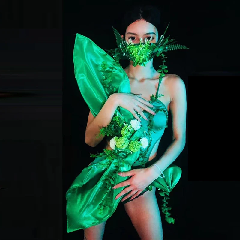 

Green Forest Theme Bodysuit Dancing Stage Costume Drag Queen Clothes Nightclub Bar Gogo Show Outfit Rave Party Clubwear VDB5821