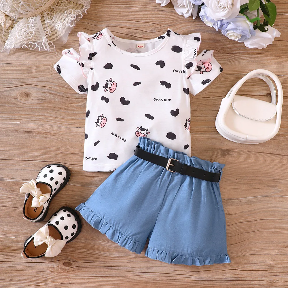 Girls Summer Clothes Set Cartoon Cow Print Shoulderless T-shirt with Blue Shorts 2 Piece Suit 2-6 Years Children Casual Outfits
Girls Summer Clothes Set Cartoon Cow Print Shoulderless T-shirt with Blue Shorts 2 Piece Suit 2-6 Years Children Casual Outfits