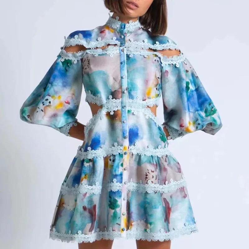 Luxurious tie-dye print skirt 2022 autumn new stand-up puff sleeves hollow embroidered waist A-line skirt
Luxurious tie-dye print skirt 2022 autumn new stand-up puff sleeves hollow embroidered waist A-line skirt