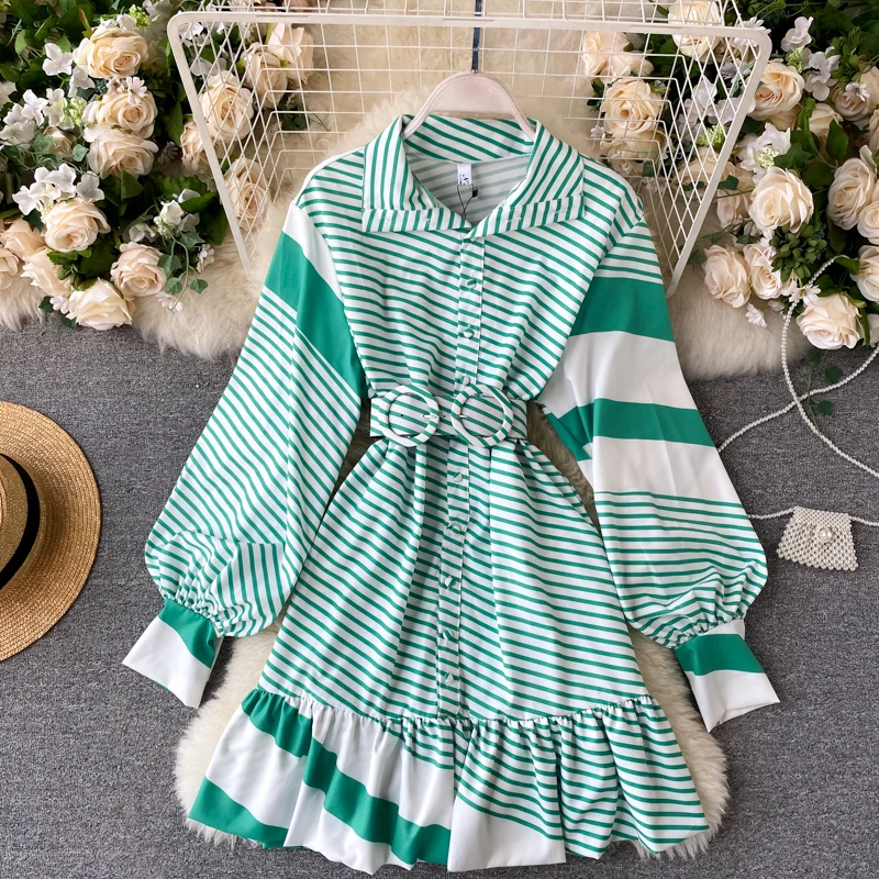 Chic Popular Green Striped Belted Waist Lantern Sleeve Shirt Dress Sweet Ruffled Hem Patchwork Dress
Chic Popular Green Striped Belted Waist Lantern Sleeve Shirt Dress Sweet Ruffled Hem Patchwork Dress