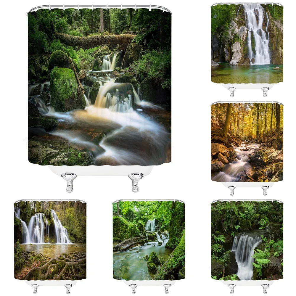 

Waterfall Forest Lake Shower Curtain Natural Tropical Rainforest Green Jungle Tree Plant Mossy Summer Rock Scenery Bath Curtains