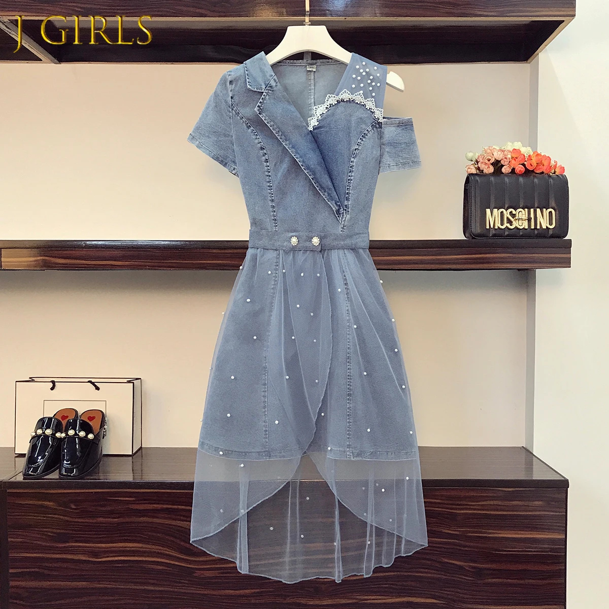 Fashion Women Summer Off Shoulder Lace Patchwork Denim Dresses Women High Waist Irregular Beadding Mesh Skirt Suits Korean
Fashion Women Summer Off Shoulder Lace Patchwork Denim Dresses Women High Waist Irregular Beadding Mesh Skirt Suits Korean
