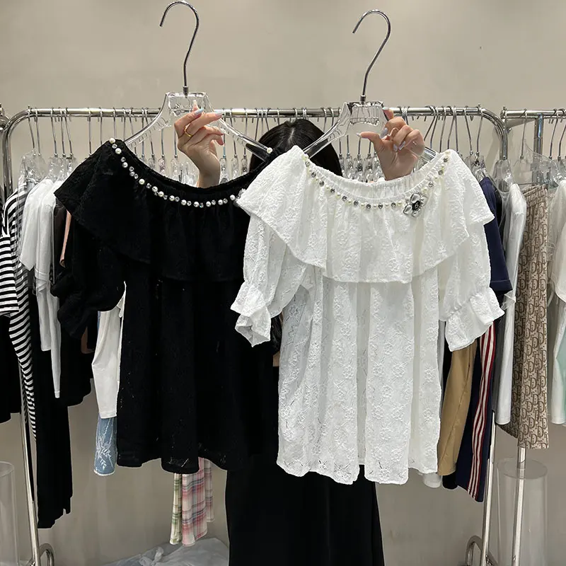 Off The Shoulder Slash Neck Women Lace Shirts 2022 New Summer Ruffles Diamond Short Sleeve Top All-match Loose Casual Blouses
Off The Shoulder Slash Neck Women Lace Shirts 2022 New Summer Ruffles Diamond Short Sleeve Top All-match Loose Casual Blouses