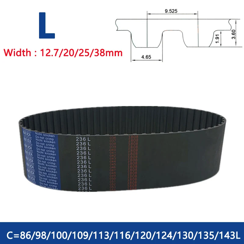 

1PCS L Timing Belt 86/98/100/109/113/116/120/124/130/135/143L Width 12.7 20 25 38mm Rubber Closed Loop Synchronous Belt