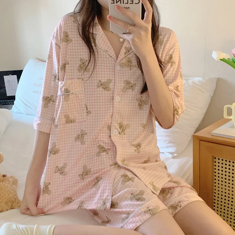 Yasuk Spring Summer Fashion Women's Casual Lovely Pink Green Bear Sleepwear Kawai Cool Pajamas With Shorts Pants Soft Plaid
Yasuk Spring Summer Fashion Women's Casual Lovely Pink Green Bear Sleepwear Kawai Cool Pajamas With Shorts Pants Soft Plaid