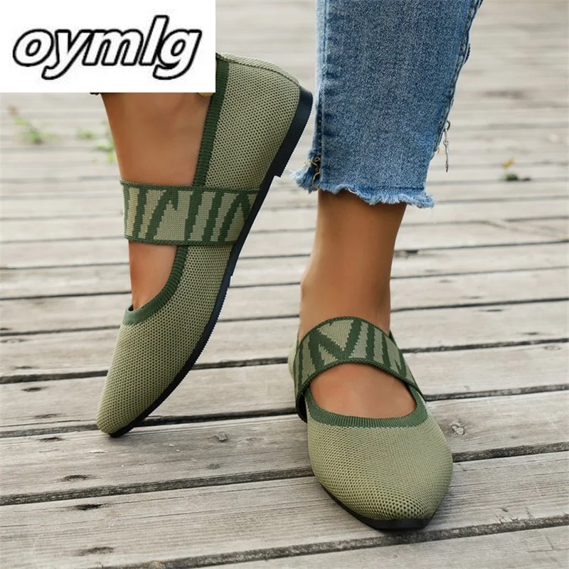 

2023 Spring and Autumn New Flying Weaving Shallow Mouth Pointed Flat Shoes Versatile Green Stripe Fashion Shoes