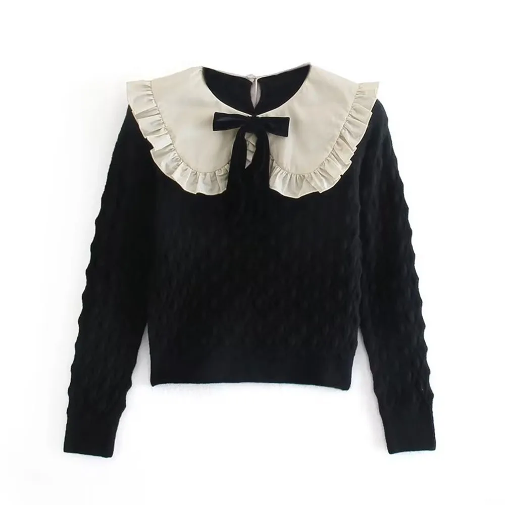 Autumn and Winter New Fashion Women's Sweet and Versatile Doll Collar Long Sleeve Bow Decoration Patchwork Knitted Sweater
Autumn and Winter New Fashion Women's Sweet and Versatile Doll Collar Long Sleeve Bow Decoration Patchwork Knitted Sweater
