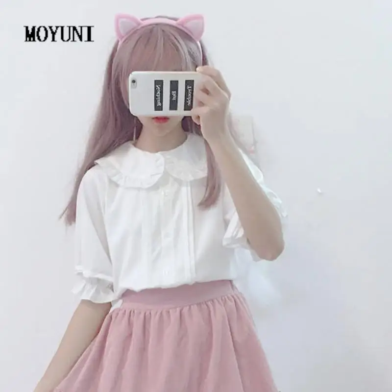 Белая рубашка MOYUNI, милые блузки в стиле преппи с воротником «Питер Пэн», женские топы с коротким рукавом и оборками, лето 2022 
Белая рубашка MOYUNI, милые блузки в стиле преппи с воротником «Питер Пэн», женские топы с коротким рукавом и оборками, лето 2022