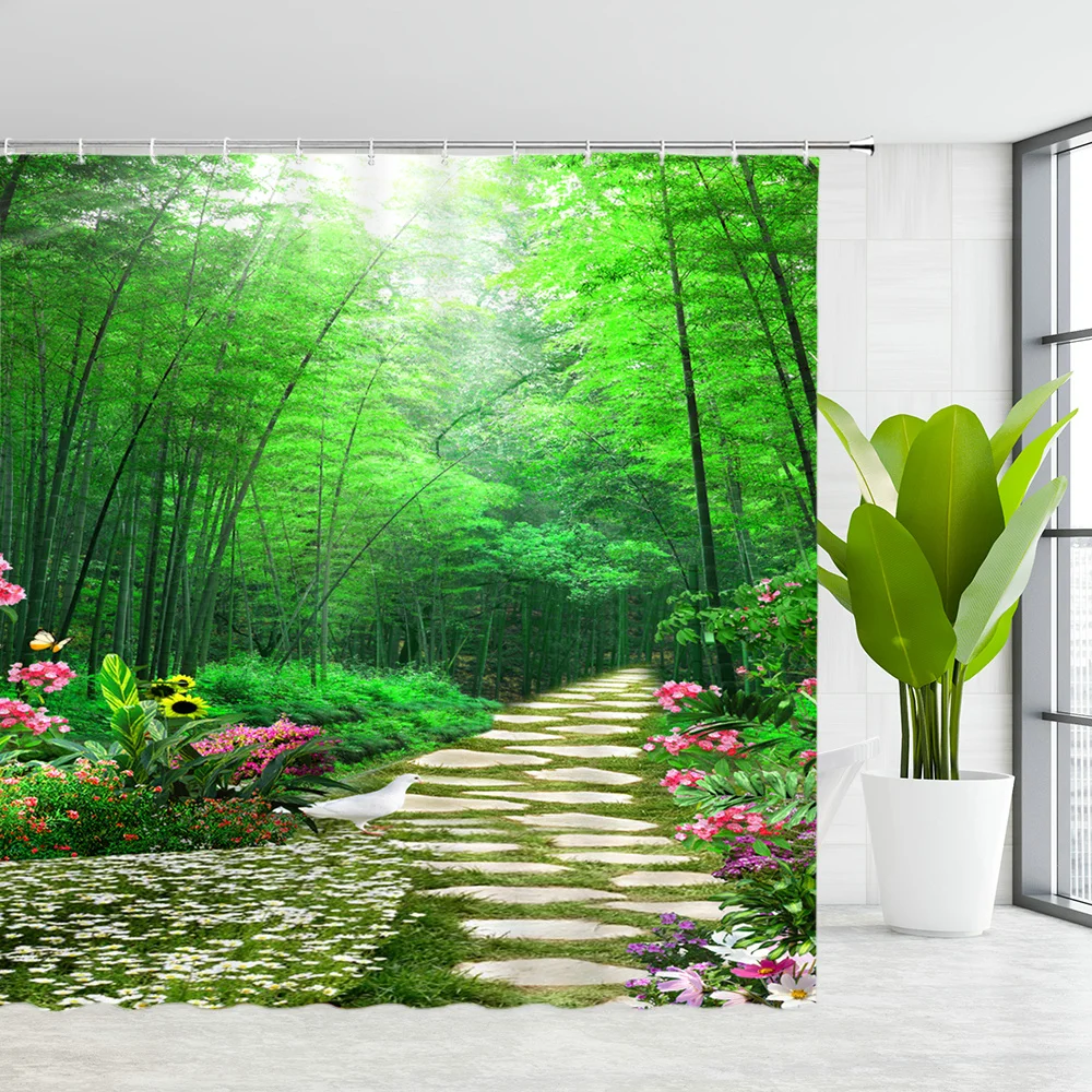

Green Pastoral Flower Natural Bamboo Scenery Shower Curtain Tropical Jungle Bridge Over Tree Scene Bathroom Decor Bath Screen