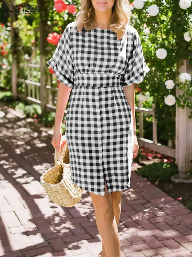 2022 Summer Casual Short Sleeve Vestido Holiday Beach Knee Dresses Oversize Elegant Dress For Women ZANZEA Chic Plaid Check Robe
2022 Summer Casual Short Sleeve Vestido Holiday Beach Knee Dresses Oversize Elegant Dress For Women ZANZEA Chic Plaid Check Robe