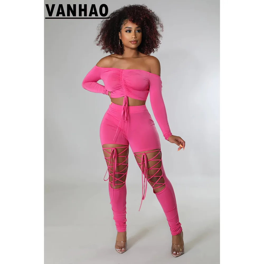 

VANHAO 5xl осенние женские комплекты на шнуровке комплект из 2 предметов для женщин Одежда с вырезами однотонные сексуальные наряды оптовая продажа Прямая поставка