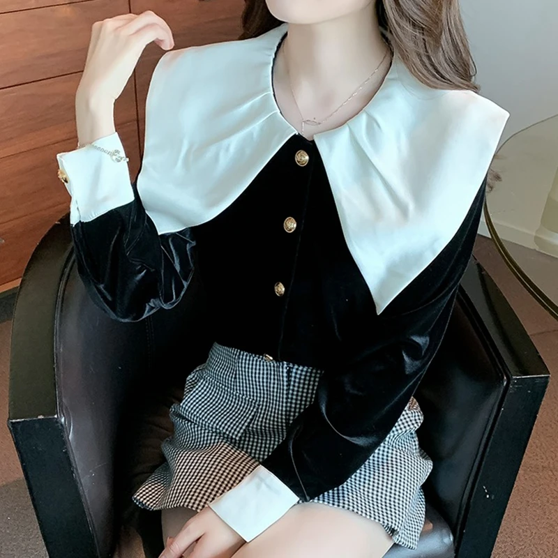 New Style Black White Big Peter Pan Collar Velvet Long Sleeved Short Shirt 2022 Autumn Women's Sweet French Chic Top Blusa
New Style Black White Big Peter Pan Collar Velvet Long Sleeved Short Shirt 2022 Autumn Women's Sweet French Chic Top Blusa