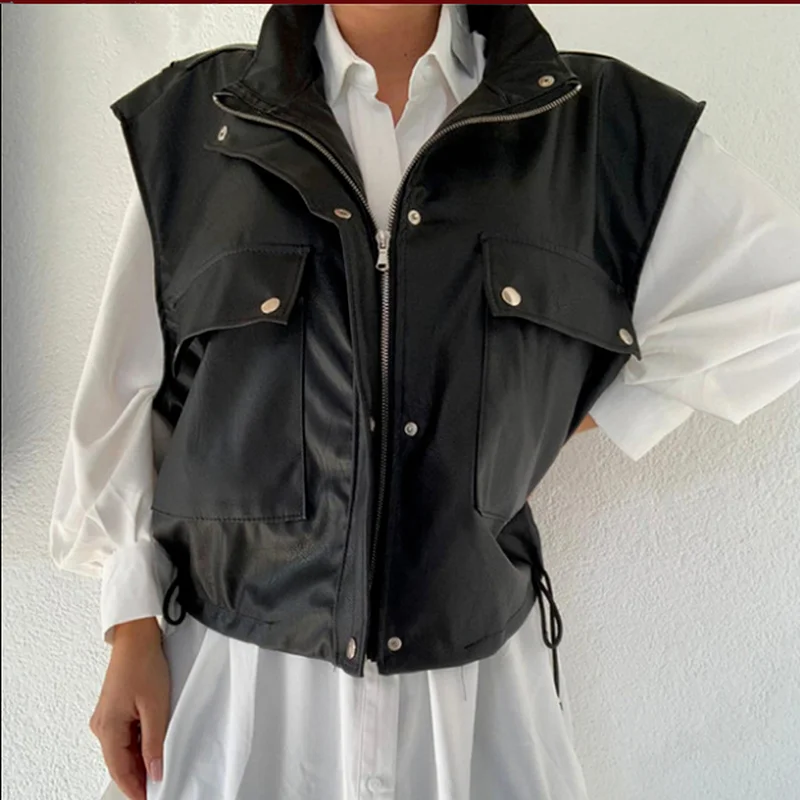 

Sleeveless 2023 PU Leather Jacket Vest Women Black Zipper Autumn Winter Khaki Pocket Short Loose Waistcoat Leather Casual Coat