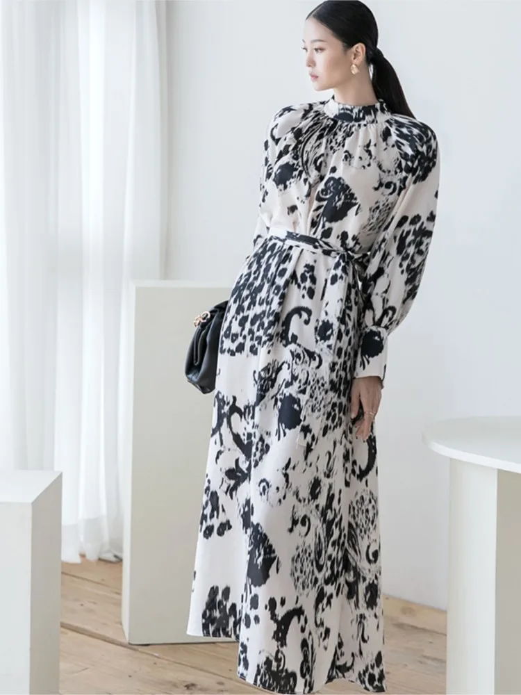 Женское свободное платье с поясом, Элегантное Длинное праздничное платье с принтом и длинным рукавом, модная одежда для весны и осени 
Женское свободное платье с поясом, Элегантное Длинное праздничное платье с принтом и длинным рукавом, модная одежда для весны и осени