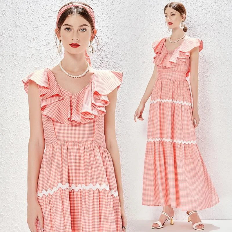 Occident Tempermental Women Maxi Dresses Sleeveless Lace Patchwork Cascading Ruffle High Waist Robe Bodycon Glam Plaid Vestidos
Occident Tempermental Women Maxi Dresses Sleeveless Lace Patchwork Cascading Ruffle High Waist Robe Bodycon Glam Plaid Vestidos
