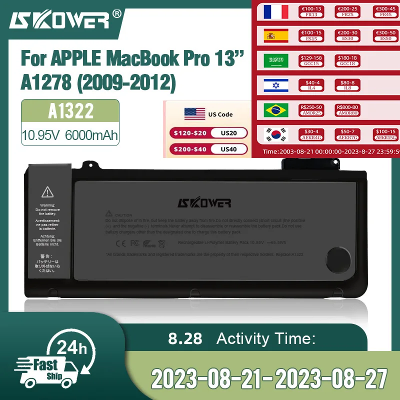 SKOWER A1322 A1278 Battery For APPLE MacBook Pro 13 Inch A1278 (2009-2012) A1322 Battery 6000mAh APPLE Laptop Battery
SKOWER A1322 A1278 Battery For APPLE MacBook Pro 13 Inch A1278 (2009-2012) A1322 Battery 6000mAh APPLE Laptop Battery