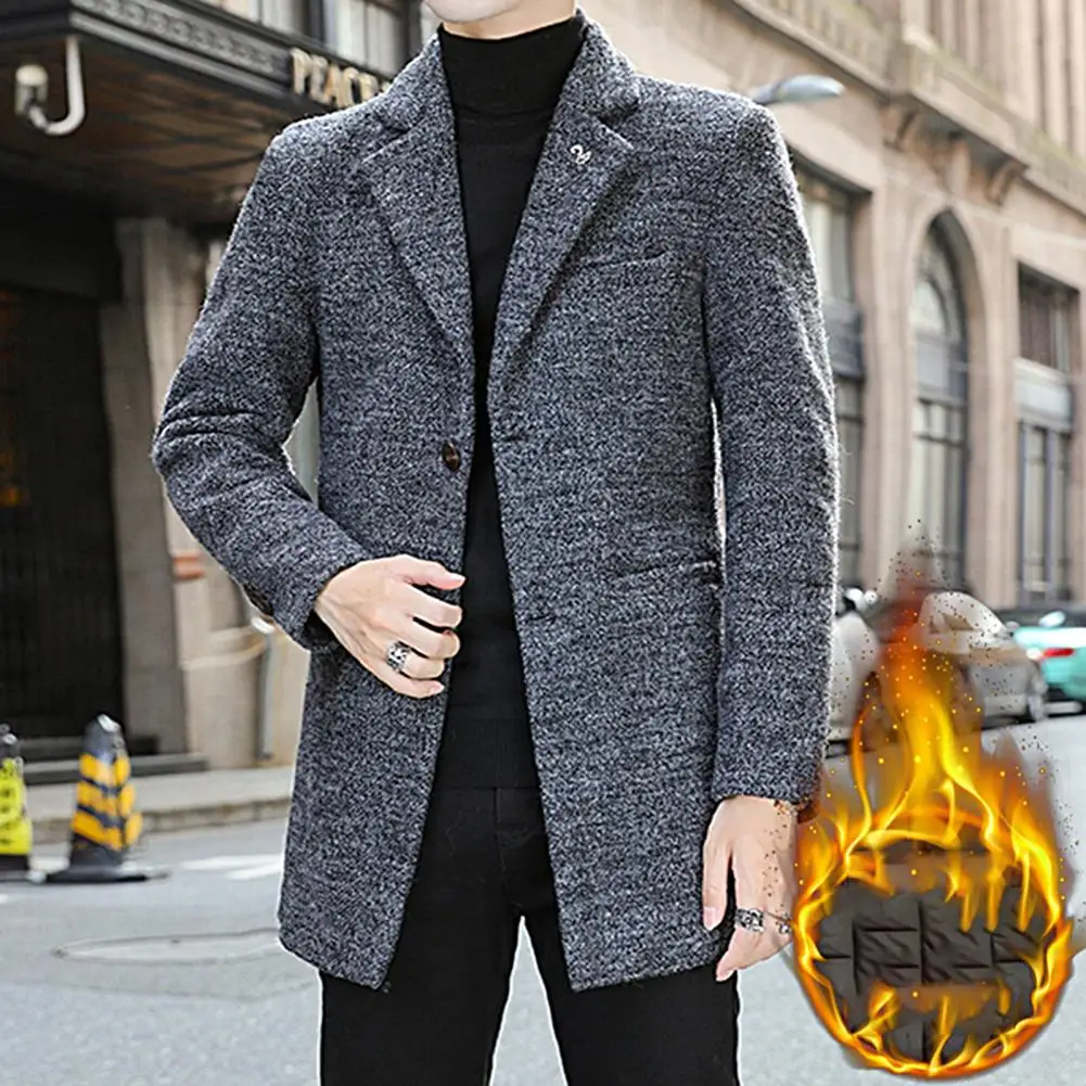 

Мужская однобортная куртка с лацканами и длинными рукавами, осенняя однотонная утепленная шерстяная куртка средней длины, chaquetas