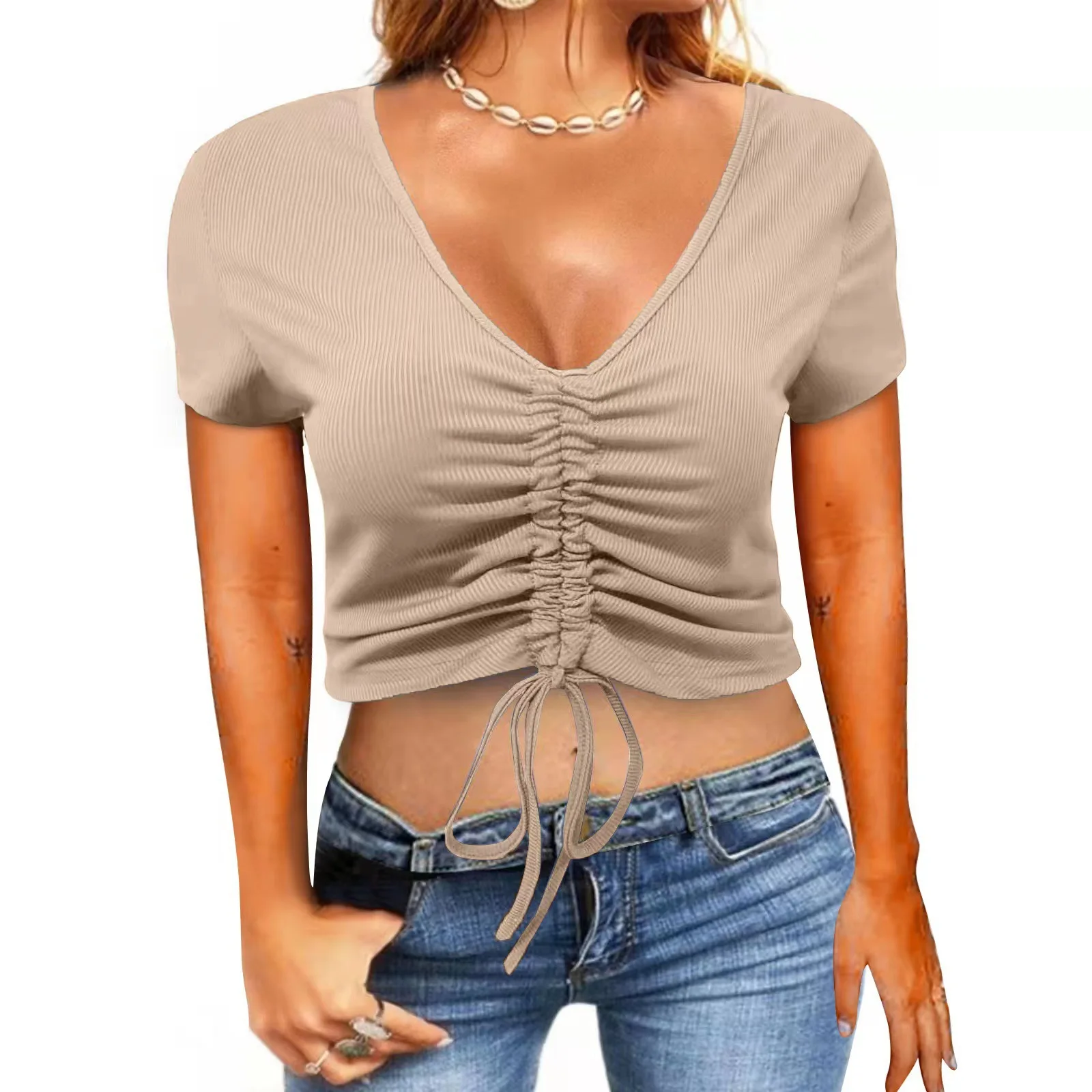 Women's T-shirt Pleated Slim CropTop Drawstring Fashion V-Neck Short Sleeve Casual Summer Streetwear Sexy Woman Tshirts
Women's T-shirt Pleated Slim CropTop Drawstring Fashion V-Neck Short Sleeve Casual Summer Streetwear Sexy Woman Tshirts
