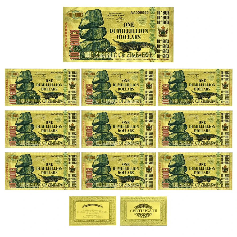 10pcs/lot Zimbabwe One Dumillillion Dollars Gold Foil Banknotes with UV Mark Crocodile Souvenir Banknotes Festival Gifts
10pcs/lot Zimbabwe One Dumillillion Dollars Gold Foil Banknotes with UV Mark Crocodile Souvenir Banknotes Festival Gifts