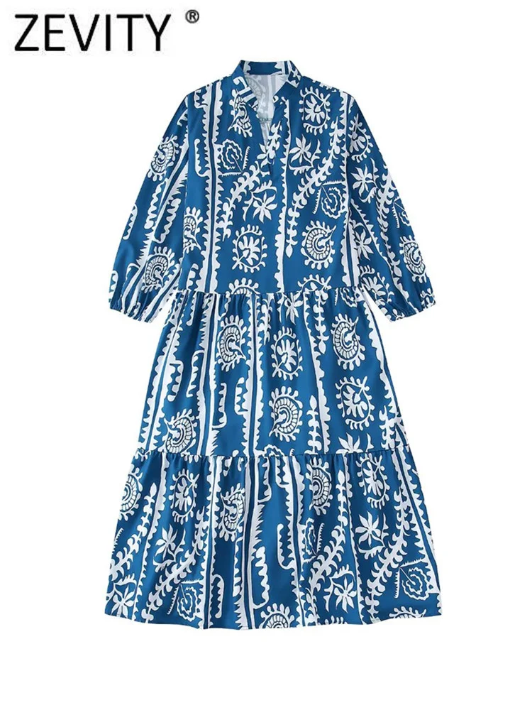 

ZEVITY Women Vintage Leaves Floral Print Pleats Patchwork Loose Midi Dress Female Chic Casual Big Swing Kimono Vestidos DS1712