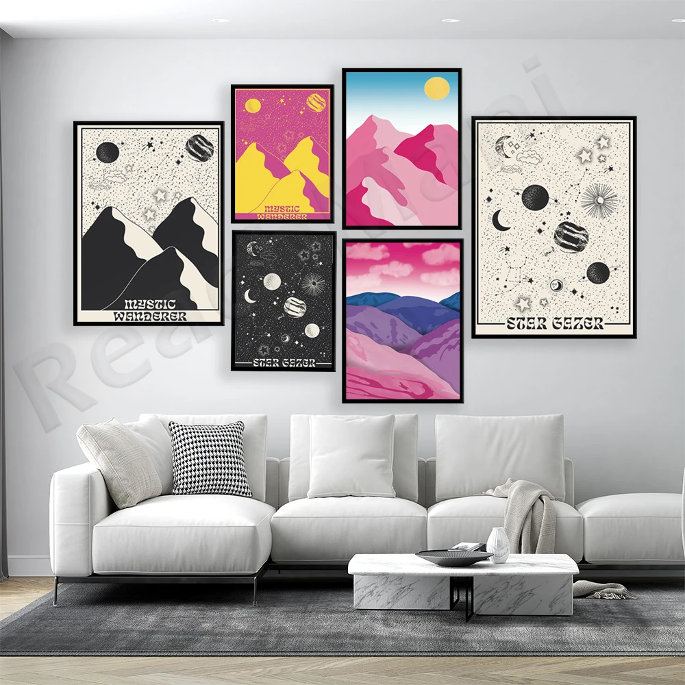 Mysterious wanderer, stargazer illustration, celestial print, starry night poster, pink mountain view, colorful landscape
Mysterious wanderer, stargazer illustration, celestial print, starry night poster, pink mountain view, colorful landscape