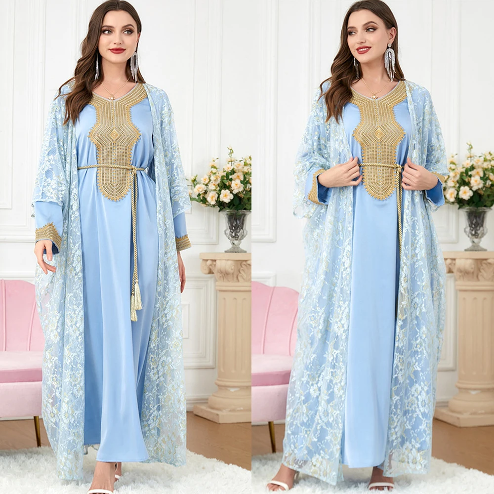 Muslim Sets Ladies Solid Lace Hook Flower Cardigan Abaya Embroidered Belted Kaftan Two Pieces Dress Evening Dubai Turkey Arabic
Muslim Sets Ladies Solid Lace Hook Flower Cardigan Abaya Embroidered Belted Kaftan Two Pieces Dress Evening Dubai Turkey Arabic
