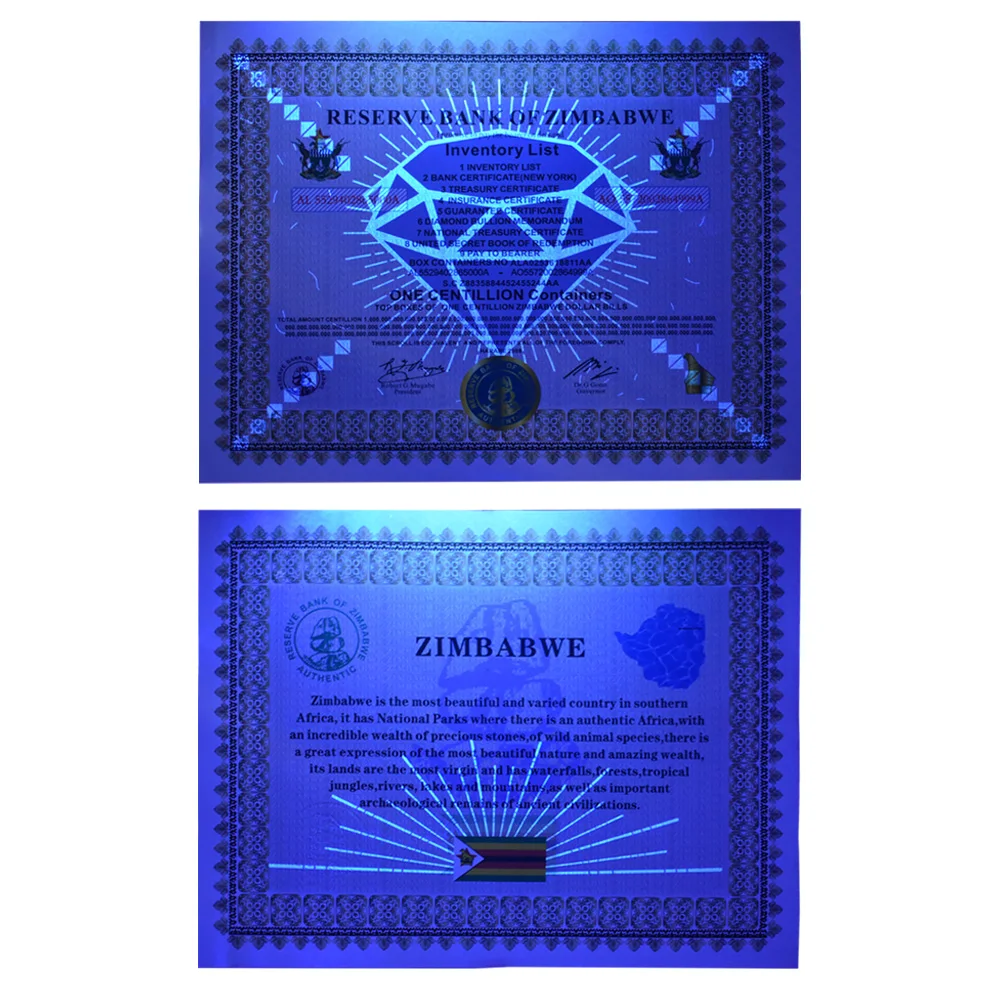 One Centillion Containers Zimbabwe Paper Money Large Certificates with UV Lights Fluorescent Effect Nice ArtWork Fans Collection
One Centillion Containers Zimbabwe Paper Money Large Certificates with UV Lights Fluorescent Effect Nice ArtWork Fans Collection