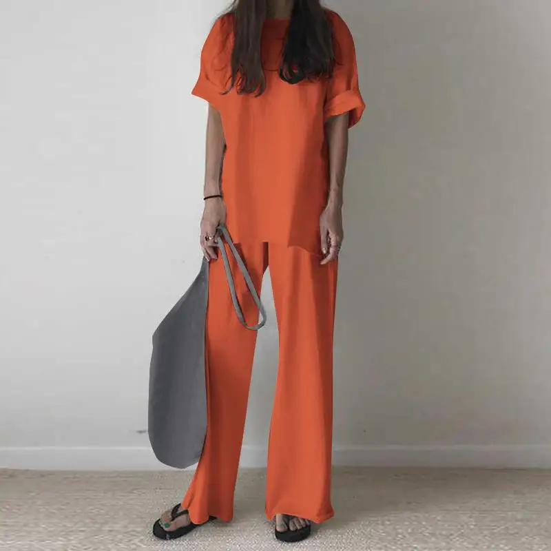 2022 Summer Short Sleeve Retro Outfits Spring Solid Cotton Two-piece Suit Women Elegant O Neck Top Pullover + Straight Pants Set
2022 Summer Short Sleeve Retro Outfits Spring Solid Cotton Two-piece Suit Women Elegant O Neck Top Pullover + Straight Pants Set