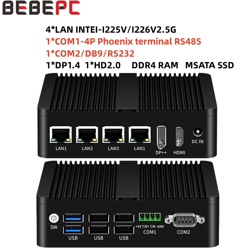 

BEBEPC Mini PC Intel N100 2*COM RS485 RS232 Firewall Router 4 LAN DDR4 intel Ethernet i225V i226V Pfsense Linux Windows 11 4K