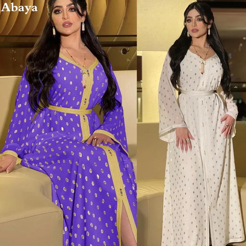 

Dot Stamping Elegant Muslim Dubai Maxi Dress Two Pieces Set Long Sleeves Open Abaya Inner Dress Sash Middle East Robe Jalabia