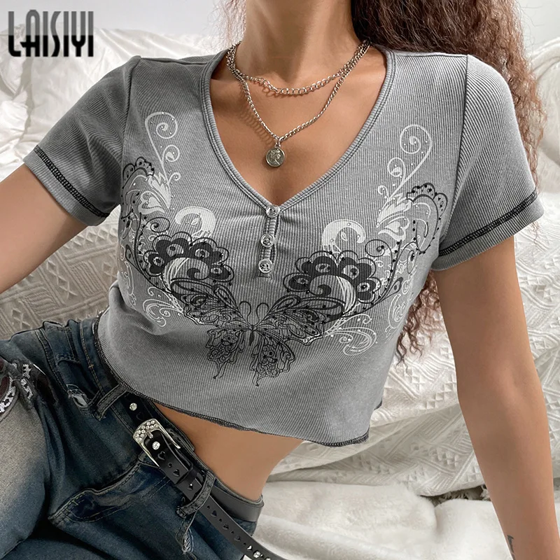 V-neck Sexy Top Women Print Casual Fashion T-Shirt New Retro Style Butterfly Print Cropped Bottoming Female Y2K Vintage Graphic
V-neck Sexy Top Women Print Casual Fashion T-Shirt New Retro Style Butterfly Print Cropped Bottoming Female Y2K Vintage Graphic