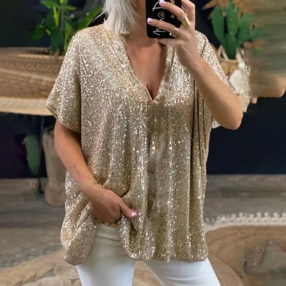2022 New Sequined Pullover Women T-shirt Sequined V Neck Summer Solid Color Short Sleeve Pullover Top for Daily Wear
2022 New Sequined Pullover Women T-shirt Sequined V Neck Summer Solid Color Short Sleeve Pullover Top for Daily Wear